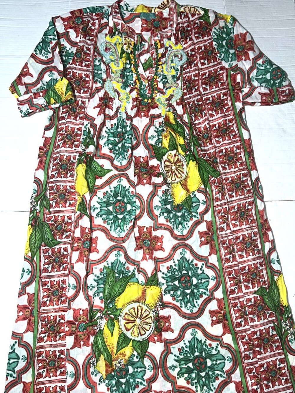 Antica Sartoria Giacomo Cinque Lemon Beaded Beach Cover-up Maxi Caftan Dress S